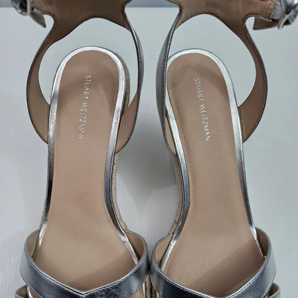 Stuart Weitzman Catalina Espadrille Wedge Sandal Size 10 Silver Leather Platform - Picture 9 of 16